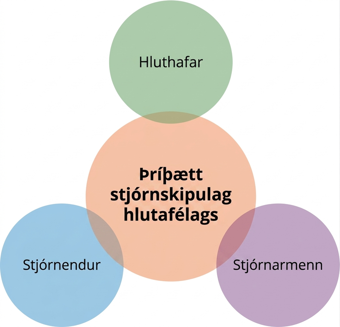 Teikning með orðunum Þríþætt skipulag hlutafélags í miðhringnum. Efst er hringur sem skarast að hluta og ber heitið Hluthafar, neðst til hægri er annar slíkur hringur með heitinu Stjórnarmenn og neðst til vinstri hringur með heitinu Stjórnendur.