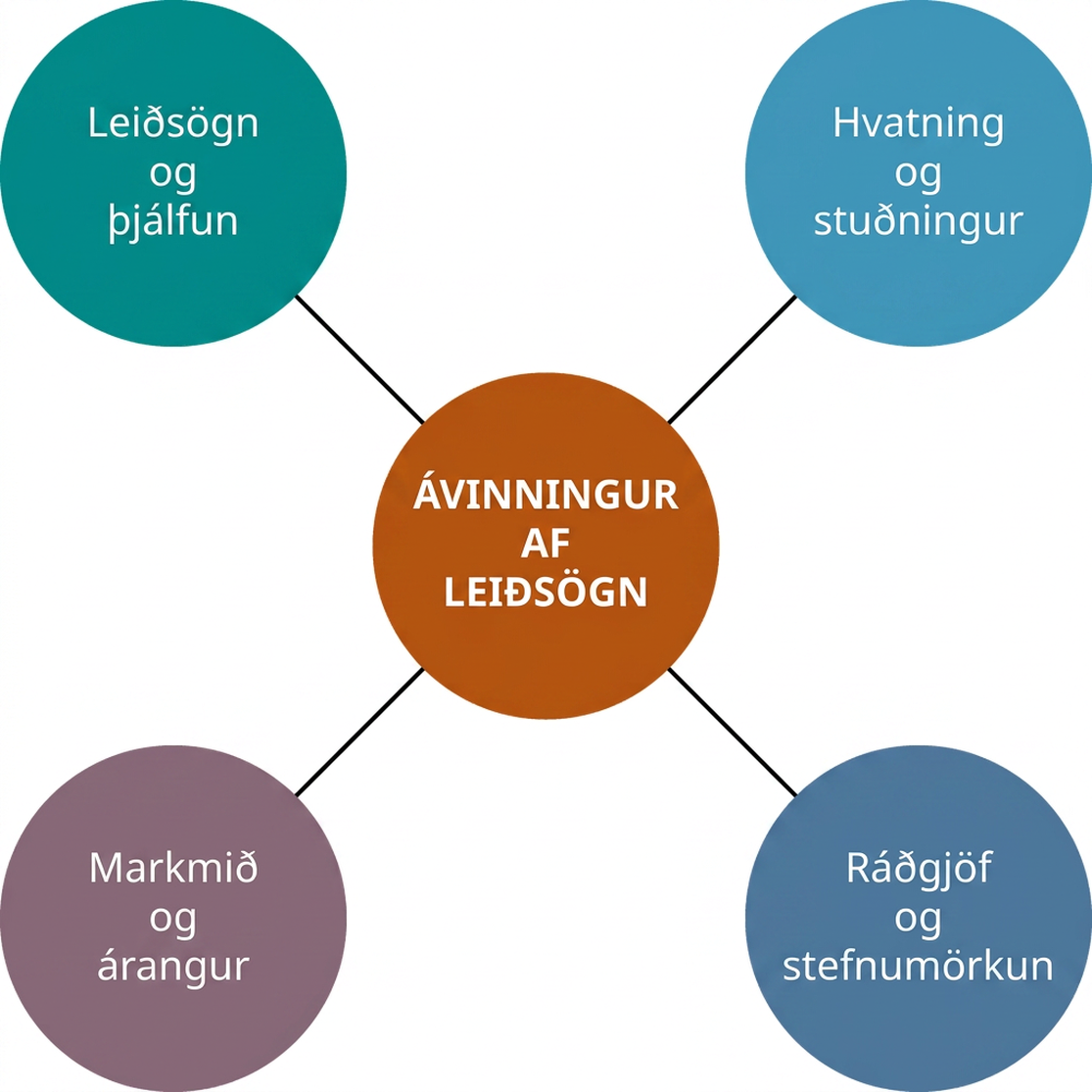 Ávinningur leiðsagnar felst meðal annars í handleiðslu og þjálfun, hvatningu og stuðningi, markmiðum og árangri, ásamt ráðgjöf og stefnumörkun.
