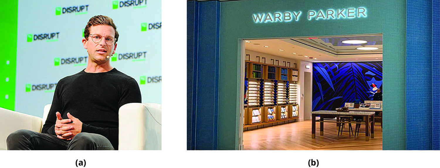 (a) Ljósmynd af Dave Gilboa. (b) Ljósmynd af verslun Warby Parker.