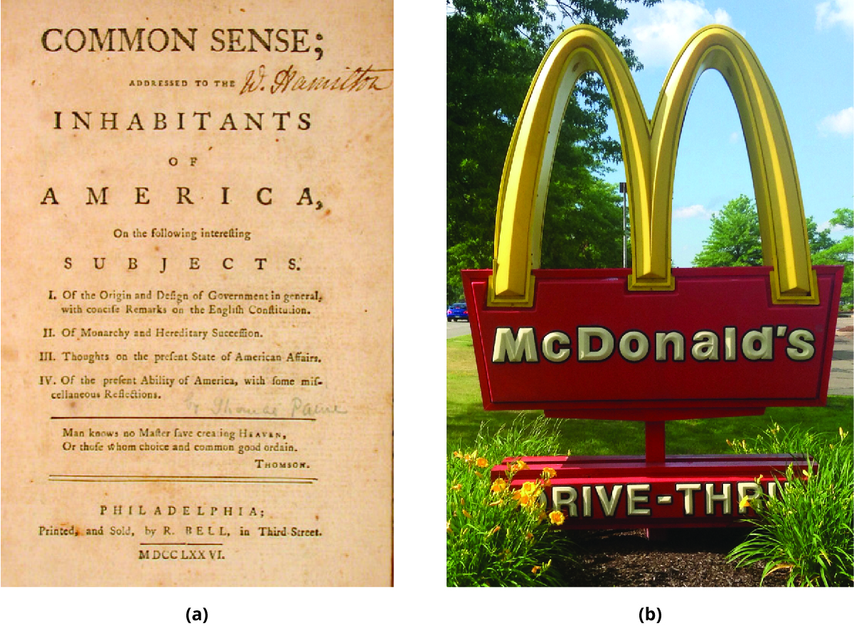 Í (a) er titilsíða verks Thomas Paine, Common Sense. Í (b) er ljósmynd af gullnu bogalínum McDonald's-veitingastaðar.