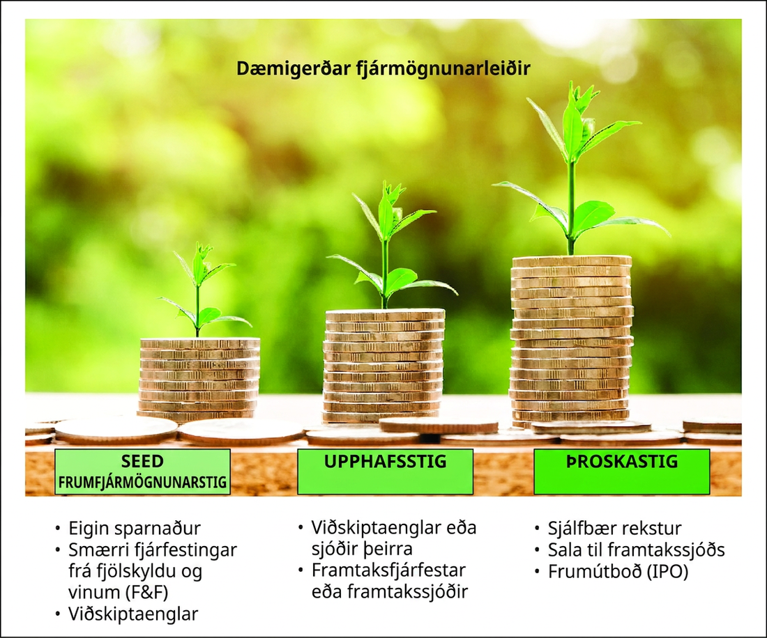 Ljósmynd sýnir þrjá stafla af myntum sem hækka frá vinstri til hægri. Vinstri staflinn er lægstur og merktur „Frumfjármögnun“; undir honum stendur „eigin sparnaður, smærri fjárfestingar frá vinum og fjölskyldu (F&F), viðskiptaenglar“. Miðstaflinn er merktur „Upphafsstig“; undir honum stendur „viðskiptaenglar eða englasjóðir, framtaksfjárfestar eða einkafjárfestar“. Hægri staflinn er hæstur og merktur „Vöxtur á þroskastigi“; undir honum stendur „sjálfbær rekstur, sala til einkafjárfesta, frumútboð (IPO)“.