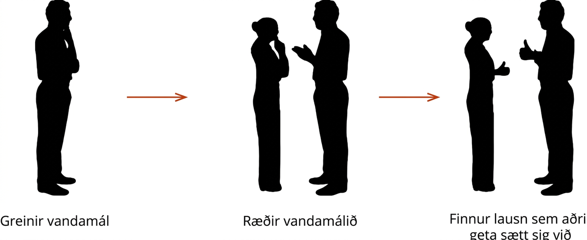 Teiknimynd af einstaklingi sem greinir vandamál, ræðir það við aðra og finnur lausn sem allir geta sætt sig við.
