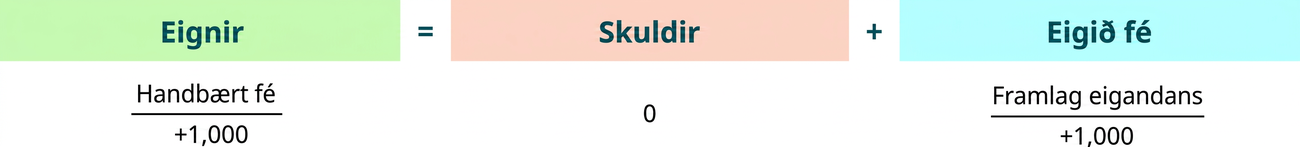 Bókhaldsjafnan sýnir að eignir jafngilda samtölu skulda og eigin fjár. Undir eignum er kreditfærsla að fjárhæð 1.000 Bandaríkjadala á sjóðsreikningi. Skuldir nema 0 Bandaríkjadölum. Undir eigin fé er kreditfærsla að fjárhæð 1.000 Bandaríkjadala á eiginfjárreikningi eigandans.