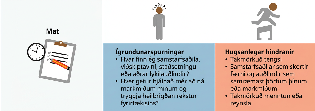 Á matsstiginu þarf að velta fyrir sér eftirfarandi íhugunarspurningum: Hvar finn ég samstarfsaðila, viðskiptavini, starfsstöð eða aðrar lykilauðlindir? Hver getur hjálpað mér að ná markmiðum mínum og viðhalda heilbrigðum rekstri fyrirtækisins? Einnig þarf að huga að mögulegum hindrunum, svo sem fáum tengslum, samstarfsaðilum sem búa ekki yfir þeirri færni og þeim auðlindum sem samræmast þörfum eða markmiðum verkefnisins og takmarkaðri menntun eða reynslu.