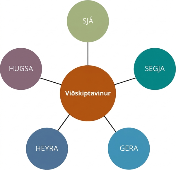 Viðskiptavinurinn er sýndur í miðju kortsins og tengdur orðunum sjá, segja, gera, heyra og hugsa.