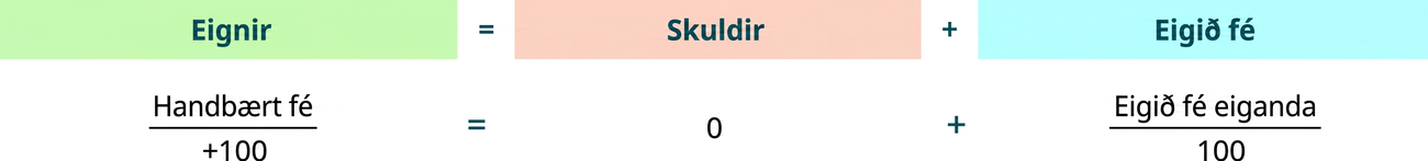Bókhaldsjafnan sýnir að eignir jafngilda samtölu skulda og eigin fjár. Undir eignum er kreditfærsla að fjárhæð 100 Bandaríkjadala á sjóðsreikningi. Skuldir nema 0 Bandaríkjadölum. Undir eigin fé er kreditfærsla að fjárhæð 100 Bandaríkjadala á eiginfjárreikningi eigandans; samtals 100 Bandaríkjadalir.