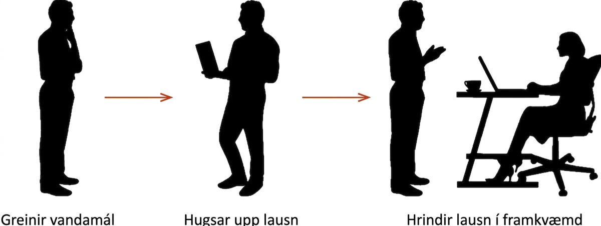 Teiknimynd af einstaklingi sem greinir vandamál, íhugar hugsanlegar lausnir og ræðir síðan við einstakling við skrifborð um framkvæmd lausnarinnar.