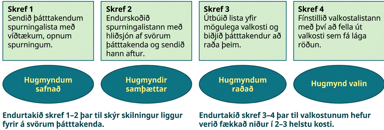 Skýringarmynd sýnir skref Delphi-ferlisins. Skref 1, „Hugmyndum safnað“: Sendið þátttakendum spurningalista með víðtækum, opnum spurningum. Skref 2, „Hugmyndir samþættar“: Endurskoðið spurningalistann út frá svörum þátttakenda og sendið hann aftur. Endurtakið skref 1–2 þar til skýr skilningur fæst á svörunum. Skref 3, „Hugmyndum raðað“: Gerið lista yfir mögulega valkosti og biðjið þátttakendur að raða þeim. Skref 4, „Hugmynd valin“: Fínstillið valkostalistann með því að fella út atriði sem fá lága röðun. Endurtakið skref 3–4 þar til eftir standa 2–3 helstu valkostir.