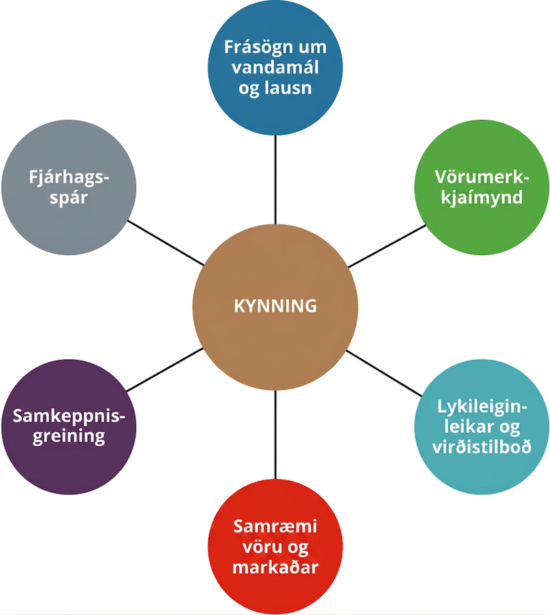 Kynning setur fram sjálfsmynd vörumerkis, frásögn um vandamál og lausn, lykileiginleika og virðistilboð, samræmi vöru og markaðar, samkeppnisgreiningu og fjárhagsspár.