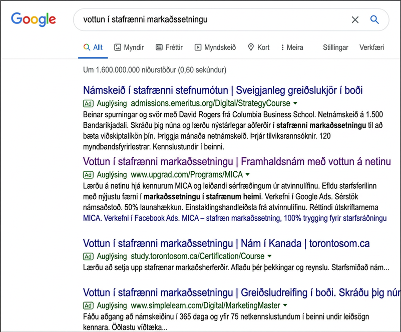 Listi yfir leitarniðurstöður fyrir orðasambandið „digital marketing certificate“ á Google.