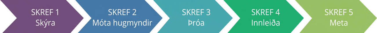Mat á viðfangsefni felur í sér fimm skref: skýra, móta hugmyndir, þróa, innleiða og meta.