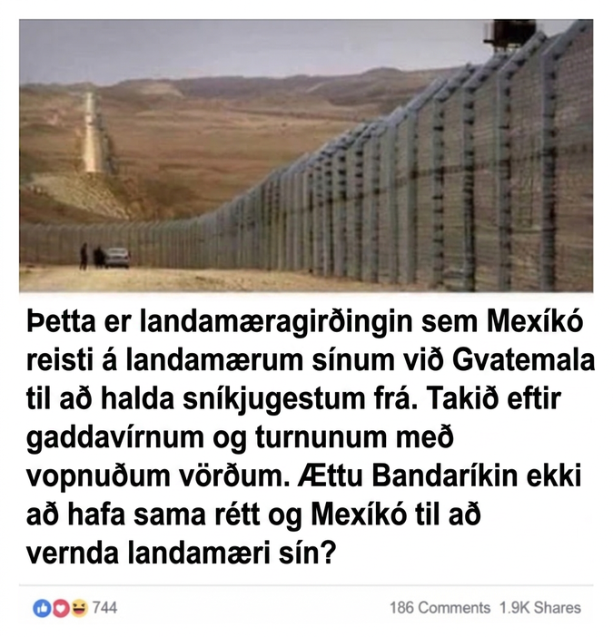 Löng girðing liggur um eyðimerkurlandslag. Texti undir myndinni fullyrðir að Mexíkó hafi reist girðinguna við landamæri Gvatemala til að halda óvelkomnum innflytjendum úti og nefnir gaddavír, varðturna og vopnaða verði.