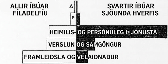 Handteiknað súlurit sem sýnir að svartir Bandaríkjamenn eru hlutfallslega fjölmennir í heimilis- og einkaþjónustu en fámennir í framleiðslu og vélaiðnaði.