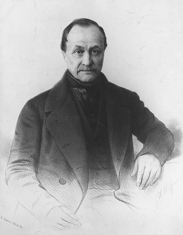 Blýantsteikning af Auguste Comte. Hann situr afslappaður og horfir beint á áhorfandann.