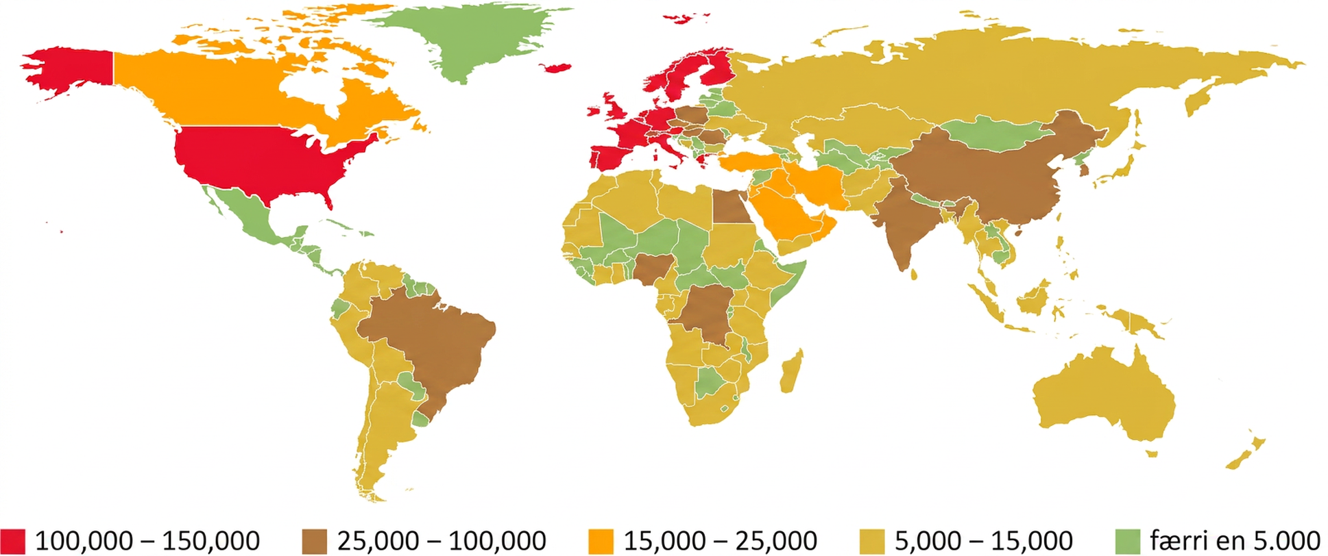 Kort þar sem litir sýna fjölda yfirstandandi klínískra rannsókna á ólíkum svæðum. Í Bandaríkjunum og Vestur-Evrópu eru 100.000–150.000 rannsóknir; í Kína 25.000–100.000; í Kanada og Mið-Austurlöndum 15.000–25.000; í Suður-Ameríku, Afríku, Rússlandi, Austur-Evrópu, Suðaustur-Asíu og Ástralíu 5.000–15.000; og í Mexíkó, Mið-Ameríku og á Grænlandi færri en 5.000.