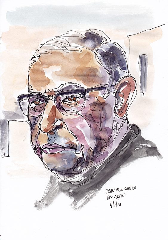 Teikning sýnir höfuð Jean-Paul Sartre. Hann er með gleraugu og brosir ekki.