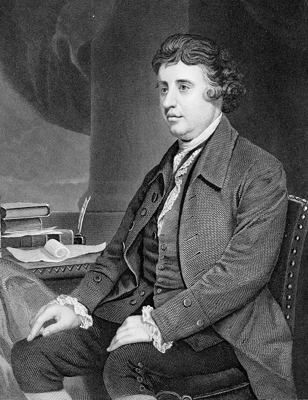 Teikning sýnir Edmund Burke sitja við hlið skrifborðs.