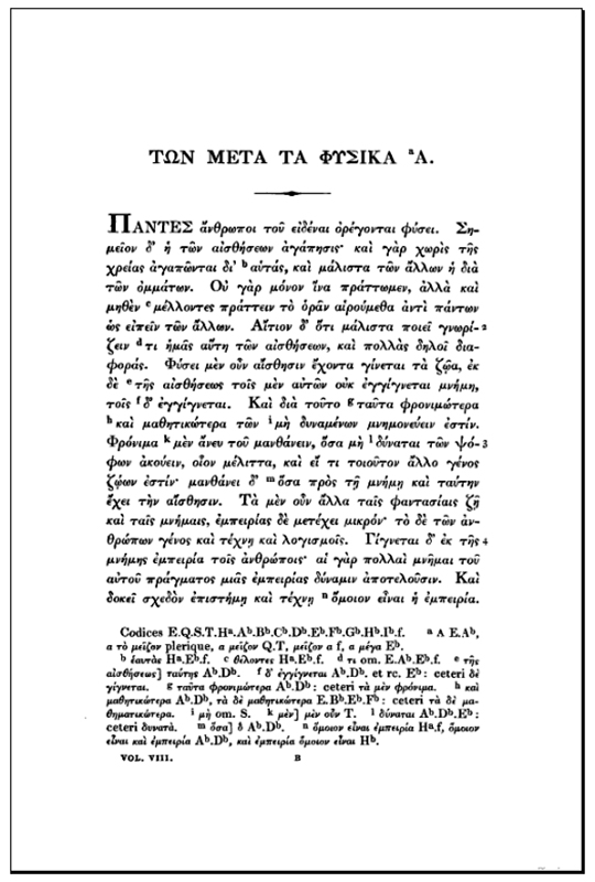 Fyrsta síða rits Aristótelesar sýnir titilinn Ton Meta Ta Physika efst og texta þar fyrir neðan.