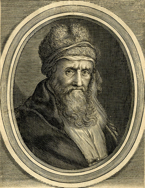 Aldraður Díogenes Laertíos, með sítt skegg, þykkar augabrúnir og ullarhúfu, horfir alvarlegur fram fyrir sig.