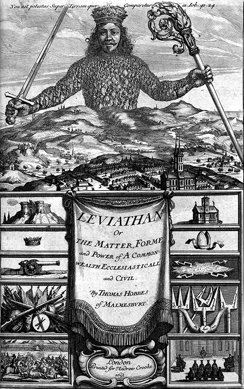 Forsíðumynd Leviathan: risavaxinn konungur með sverð og veldissprota rís yfir landi og borg; neðri hlutinn sýnir tákn veraldlegs og kirkjulegs valds.