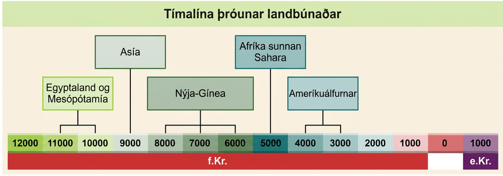 Tímalína landbúnaðarþróunar frá 12.000 f.Kr. til 1000 e.Kr. Landbúnaðartækni þróaðist í Egyptalandi og Mesópótamíu 11.000–10.000 f.Kr., í Asíu á tíunda árþúsundi f.Kr., á Nýju-Gíneu 8.000–6.000 f.Kr., sunnan Sahara á sjötta árþúsundi f.Kr. og í Ameríku 4.000–3.000 f.Kr.