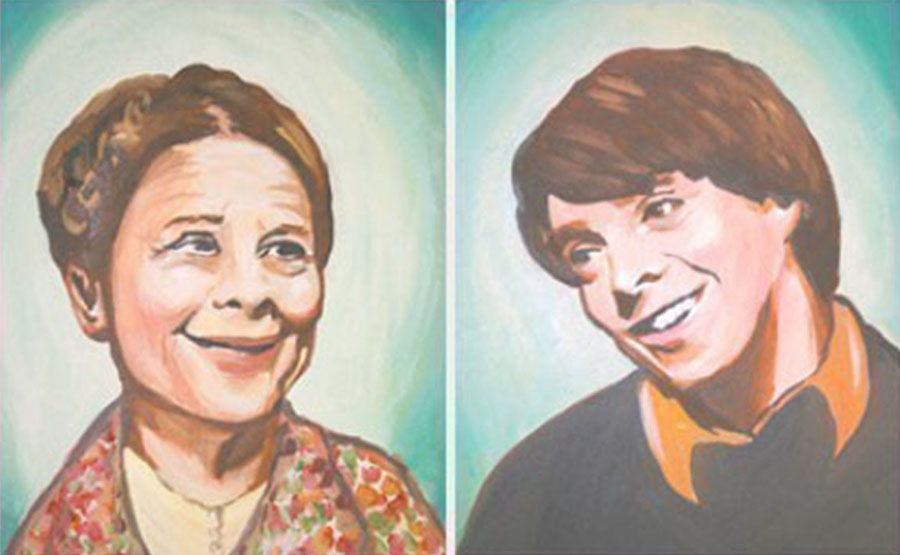 Tvískipt málverk sýnir leikarana Ruth Gordon, eldri konu til vinstri, og Bud Cort, ungan mann til hægri.