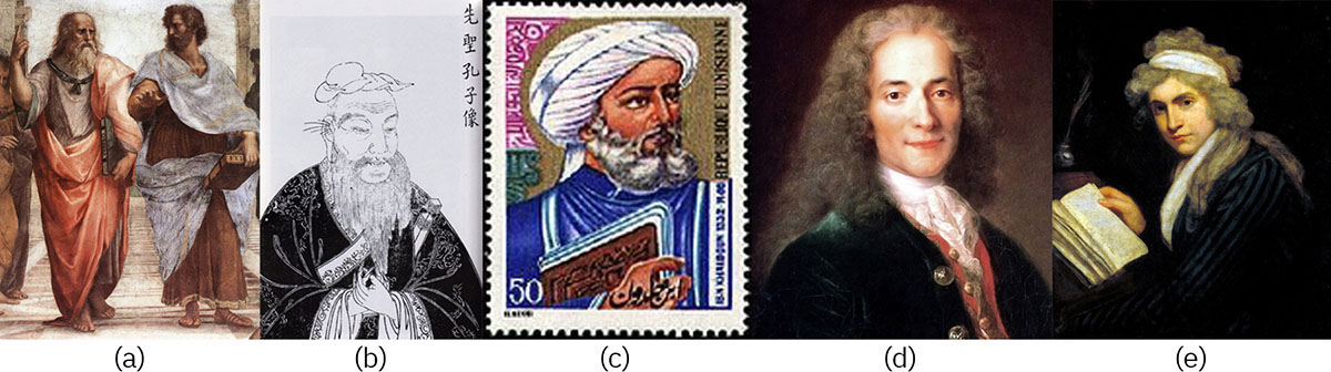 Andlitsmyndir og listaverk af þekktum hugsuðum í félagsfræði og skyldum greinum: Platoni og Aristótelesi, Konfúsíusi, Ibn Khaldun, Voltaire og Mary Wollstonecraft.