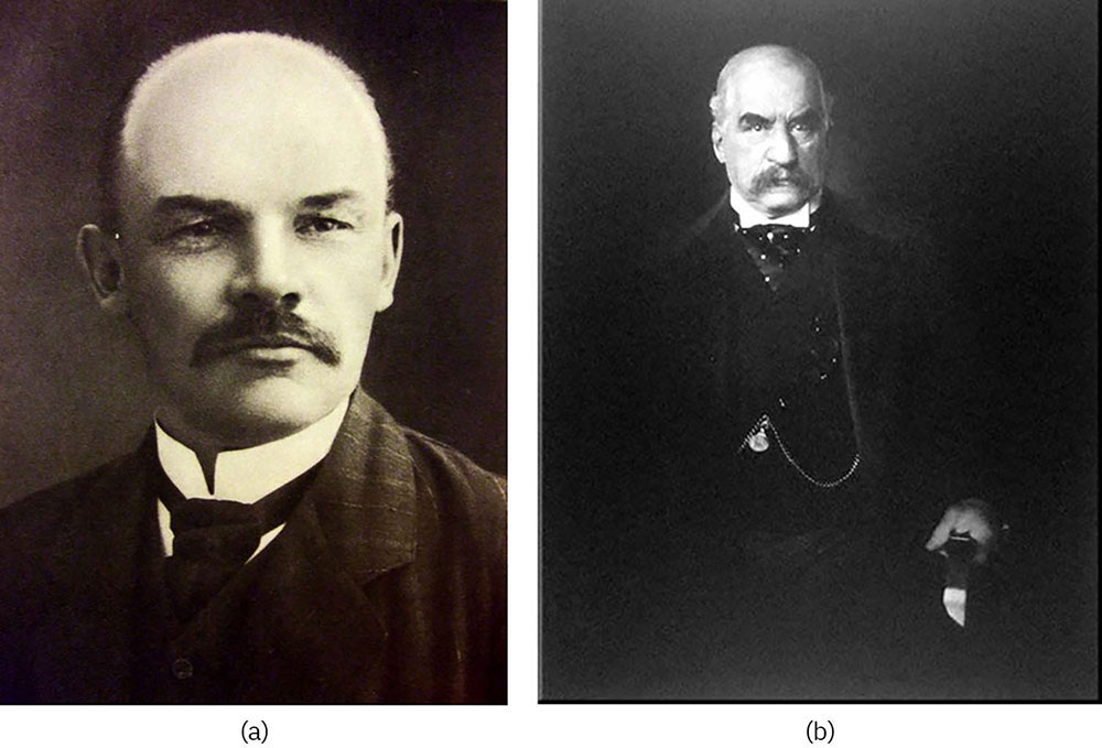Myndin sýnir tvær ljósmyndir. Til vinstri er Vladímír Iljitsj Lenín, einn af stofnendum rússnesks kommúnisma. Til hægri er J. P. Morgan, einn áhrifamesti kapítalisti Bandaríkjanna.