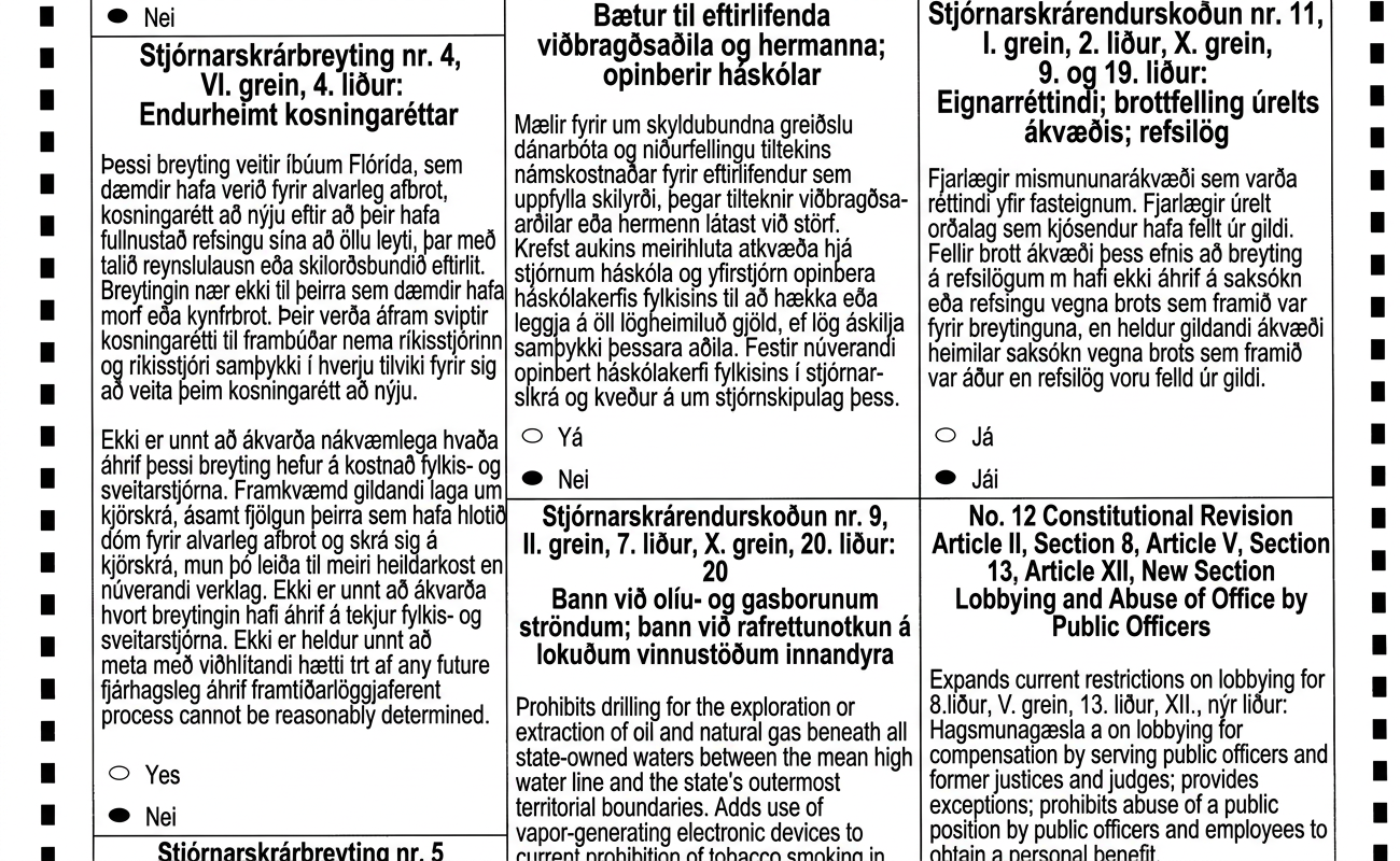Kjörseðill frá Flórída árið 2018 sýnir nokkrar stjórnarskrárbreytingar sem bornar voru undir kjósendur í almennri atkvæðagreiðslu. Á einni þeirra stendur: Þessi breyting endurveitir íbúum Flórída sem dæmdir hafa verið fyrir alvarleg afbrot kosningarétt að fullnustu allra þátta refsingarinnar lokinni, þar á meðal reynslulausn og skilorðseftirliti. Breytingin tekur ekki til þeirra sem dæmdir hafa verið fyrir morð eða kynferðisbrot. Þeir verða áfram sviptir kosningarétti til frambúðar nema ríkisstjóri og ráðherrar fylkisins samþykki endurveitingu réttindanna í hverju tilviki fyrir sig.