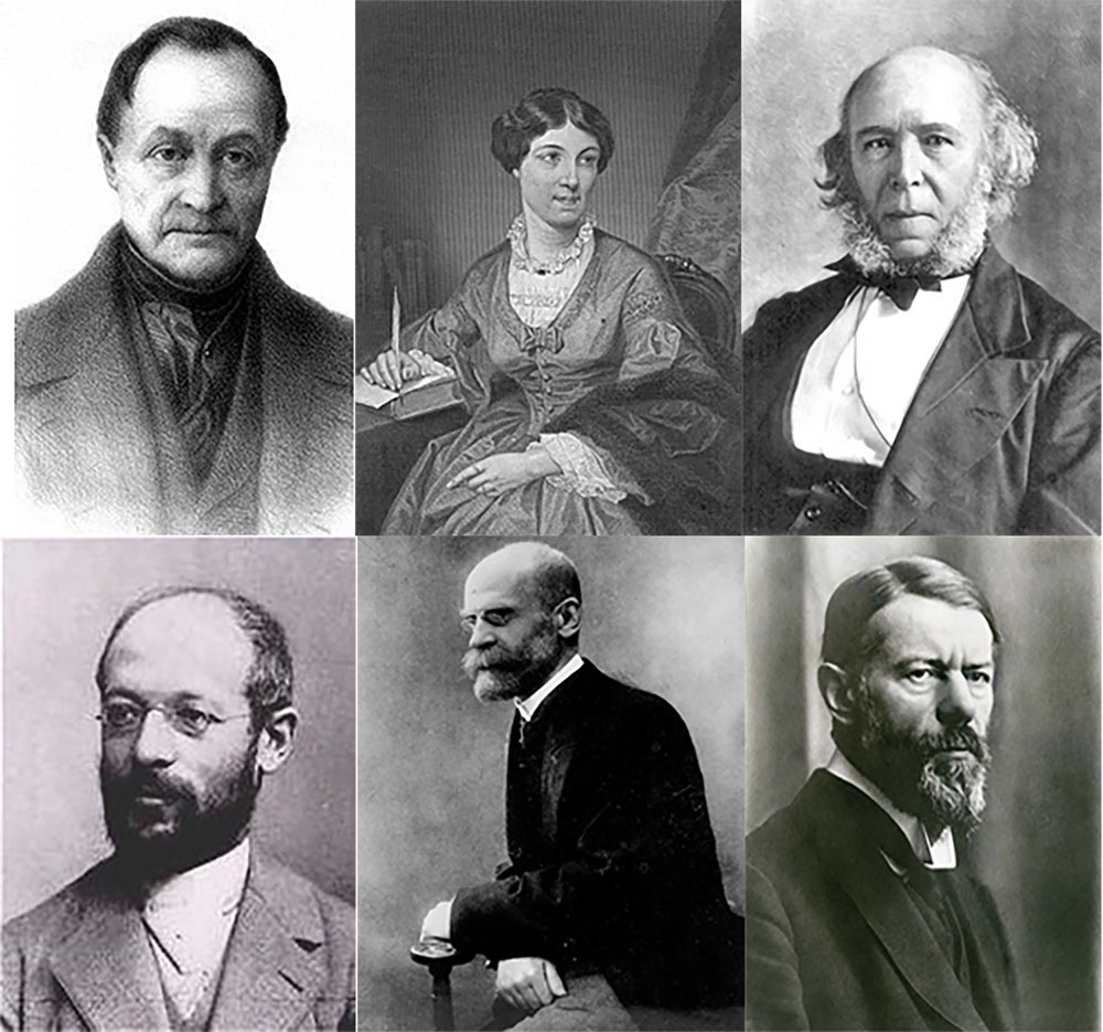 Andlitsmyndir af Auguste Comte, Harriet Martineau, Herbert Spencer, Georg Simmel, Émile Durkheim og Max Weber.