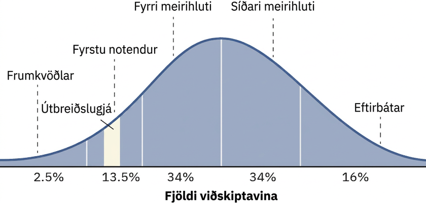 Línurit sýnir innleiðingu tækni, nýjunga og annarra nýrra hluta og venja. Frumkvöðlar eru fyrstu 2,5 prósent notenda og fyrstu notendur næstu 13,5 prósent. Þá koma fyrri meirihlutinn, 34 prósent, og síðari meirihlutinn, einnig 34 prósent. Seinustu notendur eru loks 16 prósent. Útbreiðslugjáin er á stigi fyrstu notenda, rétt áður en meirihlutinn tekur nýjungina upp.