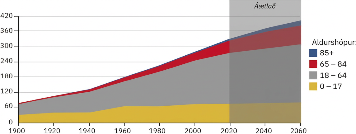 Línurit sýnir stærð fjögurra aldurshópa frá 1900 til 2060; tímabilið 2020–2060 er áætlun. Gert er ráð fyrir að fólki 65 ára og eldra fjölgi um 69 prósent, úr 56,0 milljónum árið 2020 í 94,7 milljónir árið 2060. Hópur 85 ára og eldri er mun fámennari en á að nær þrefaldast, úr 6,7 milljónum í 19,0 milljónir.