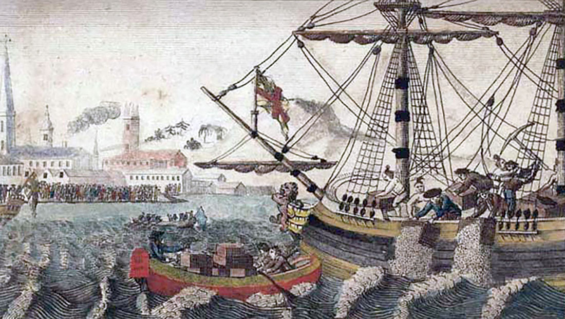 Málverk sem sýnir teboðið í Boston.