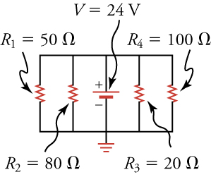 Rás með fimm lóðréttum greinum milli efri og neðri leiðara. Frá vinstri eru R₁ = 50 Ω, R₂ = 80 Ω, 24 V spennugjafi með jarðtengingu neðst, R₃ = 20 Ω og R₄ = 100 Ω.