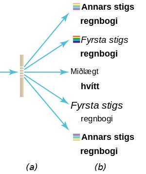 (a) Drawing of a vertical screen with five equally spaced horizontal slits that take up the middle third. A single blue arrow to the left of the barrier point to the right. Five blue arrows from the five slits point to the right, to five small diagrams arranged vertically. (b) Five small diagrams arranged vertically. The middle diagram is a white rectangle. It is labeled “Central white.” Above it is a square with colored bands; from the top, they are red, yellow, green, blue, and purple. The square is labeled “First-order rainbow.” Above the first rainbow is another small square, with the same colors as the one below, but fainter. It is labeled “Second-order rainbow.” Below the central white square is another square with colored bands. They are purple, blue, green, yellow, and red (the opposite order from the upper rainbows), and the square is labeled “First-order rainbow.” The lowest of the five diagrams is a fainter version of the square above it. It is labeled “Second-order rainbow.”