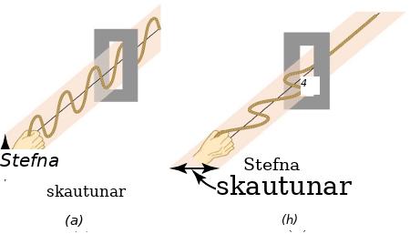 Tvær reipisbylgjur sýna lóðrétta og lárétta skautun og hvernig rauf hleypir aðeins samstefndri skautun í gegn.