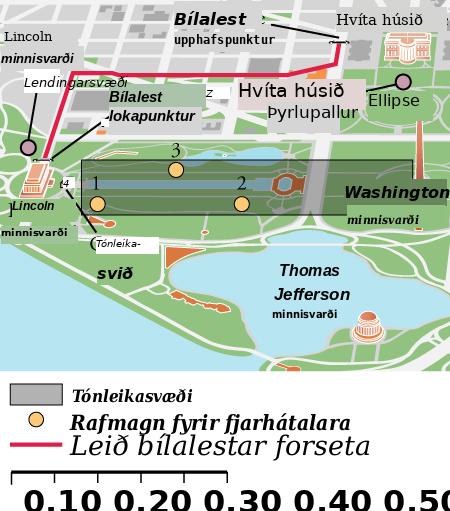 Kort af National Mall í Washington, DC, með leið forsetabílafylgdar frá Hvíta húsinu að tónleikasviði nálægt Lincoln-minnisvarðanum og þremur merktum aflgjöfum.