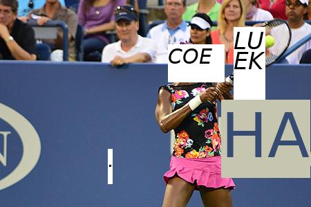 Ljósmynd af Venus Williams að slá tennisbolta með tennisspaða.