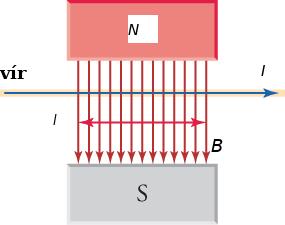 Beinn straumberandi vír í segulsviði; krafturinn á vírinn stefnir inn í blaðsíðuna.