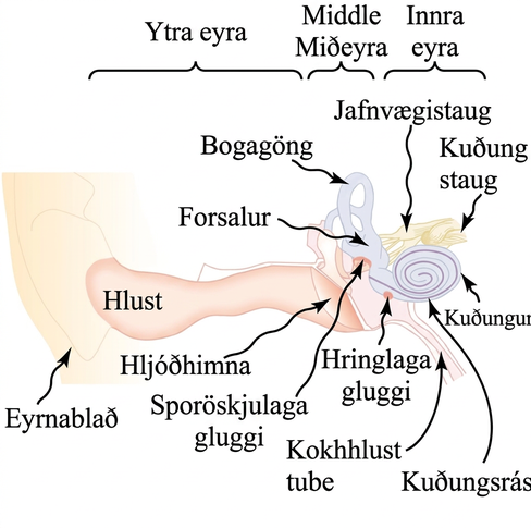 Ytra eyrað inniheldur hlustina, miðeyrað inniheldur hljóðhimnuna og sporöskjulaga gluggann og innra eyrað inniheldur kuðunginn.