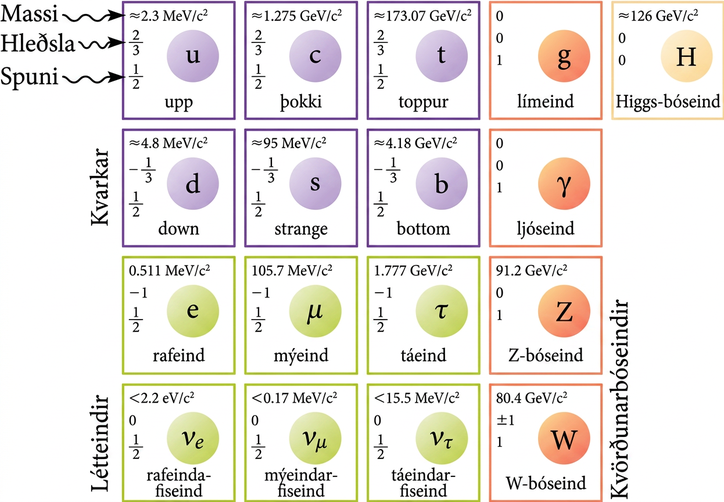Viðtekna líkanið sýnir sex kvarka, sex létteindir, fjórar kvörðunarbóseindir og Higgs-bóseindina í litakóðuðum flokkum.