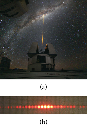 (a) Photo of a laser beam directed vertically from an observatory into a night sky. (b) Photo of a horizontal line of about twenty closely spaced red dots. The five dots in the center are much brighter than the others.