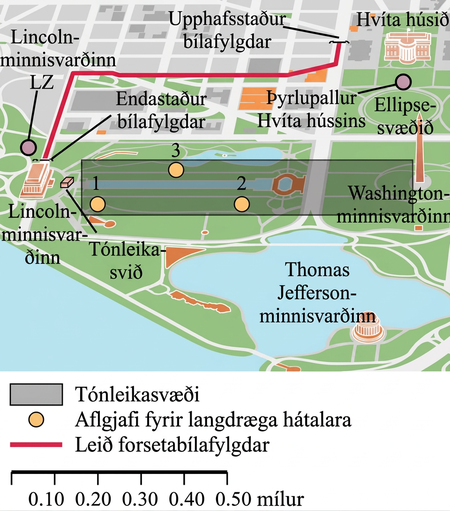 Kort af National Mall í Washington, DC, með leið forsetabílafylgdar frá Hvíta húsinu að tónleikasviði nálægt Lincoln-minnisvarðanum og þremur merktum aflgjöfum.