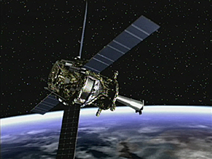 Listræn mynd sýnir Gravity Probe B-geimfarið á braut um jörðu.