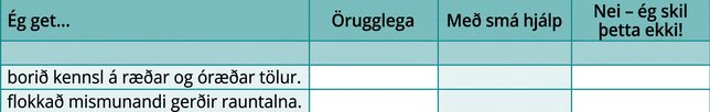 Sjálfsmatstafla um flokkun talna. Nemendur meta hversu öruggir þeir eru í að þekkja ræðar og óræðar tölur og flokka rauntölur með svarkostunum „Örugglega“, „Með nokkurri hjálp“ og „Nei — ég skil þetta ekki!“.