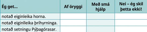 Sjálfsmatstafla um færni í rúmfræði. Þar eru fullyrðingar sem byrja á „Ég get…“ um eiginleika horna og þríhyrninga og setningu Pýþagórasar. Hægt er að meta skilninginn sem „Af öryggi“, „Með nokkurri hjálp“ eða „Nei, ég skil þetta ekki!“