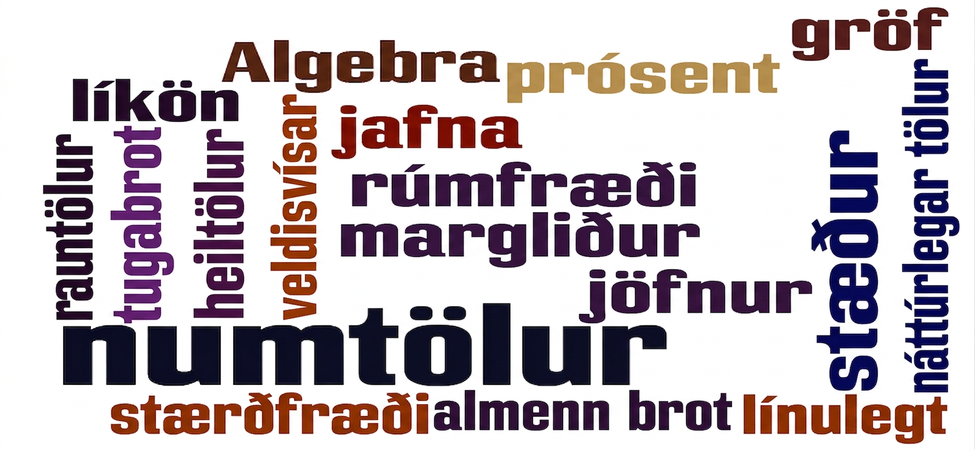 Myndin sýnir orðaský með stærðfræðihugtökum á borð við algebru, tugabrot, jöfnur og tölur. Orðin liggja lárétt og lóðrétt og eru í mismunandi litum.
