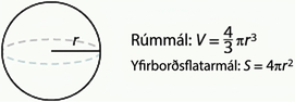Mynd af kúlu er sýnd. Geislinn er merktur r. Við hliðina stendur Rúmmál: V er jafnt fjórum þriðju sinnum pí sinnum r í þriðja veldi. Þar fyrir neðan stendur Yfirborðsflatarmál: S er jafnt 4 sinnum pí sinnum r í öðru veldi.