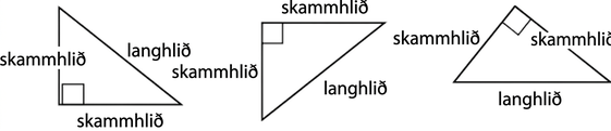 Þrír rétthyrndir þríhyrningar eru sýndir. Rétta hornið er merkt með ferningi í hverjum þeirra. Í fyrsta þríhyrningnum er rétta hornið neðst til vinstri, í þeim næsta efst til vinstri og í þeim síðasta efst. Hliðarnar tvær sem liggja að rétta horninu eru merktar „skammhlið“ í hverjum þríhyrningi. Hliðarnar á móti réttu hornunum eru merktar „langhlið“.