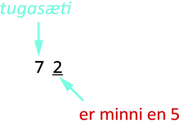 Mynd af gildinu „72“. Textinn „tugasæti“ er blár og vísar á tölustafinn 7 í „72“. Rauði textinn „er minni en 5“ vísar á tölustafinn 2 í „72“.
